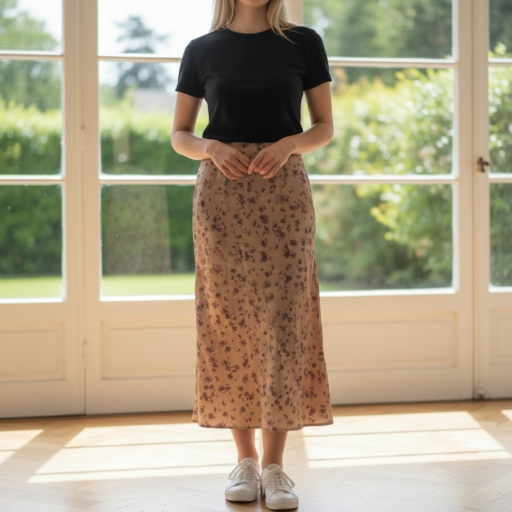 Zara Champagne Gold Floral Satin Midi Skirt XS Boho Cottagecore Soft Grunge